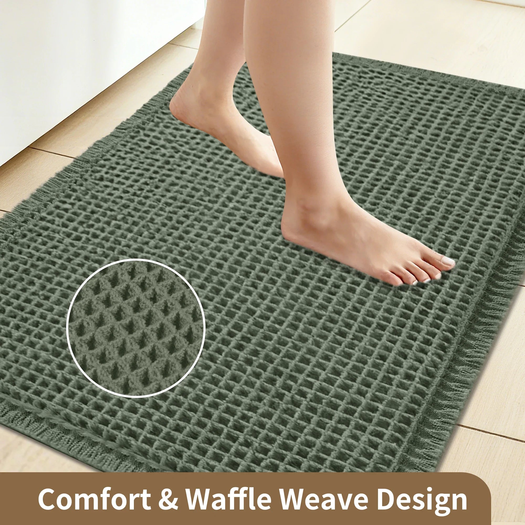 Waffle Bath Mat, Non-Slip Microfiber with Tassels | Quick-Dry Bathroom Rug | Qonforta