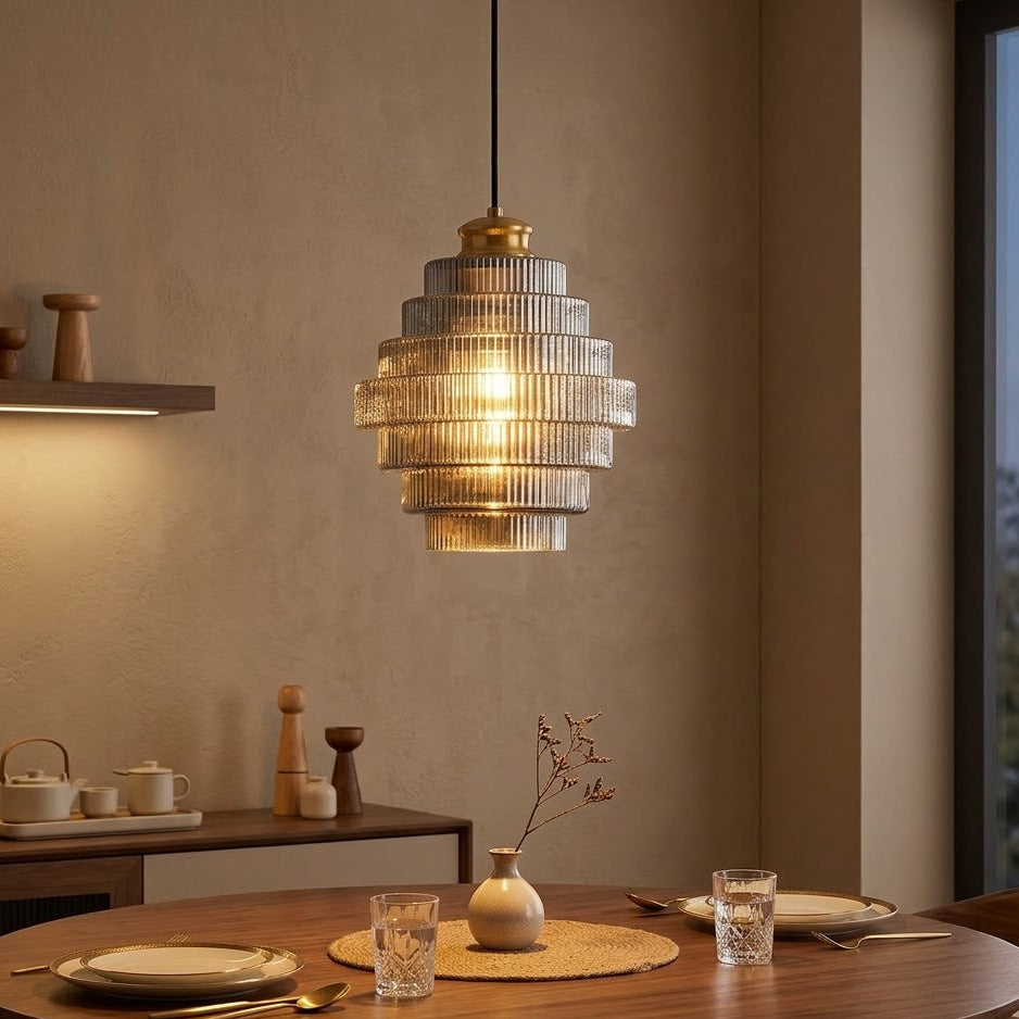RidgeGlow Tiered Glass Pendant Light | Amber & Smoke Gray | Qonforta