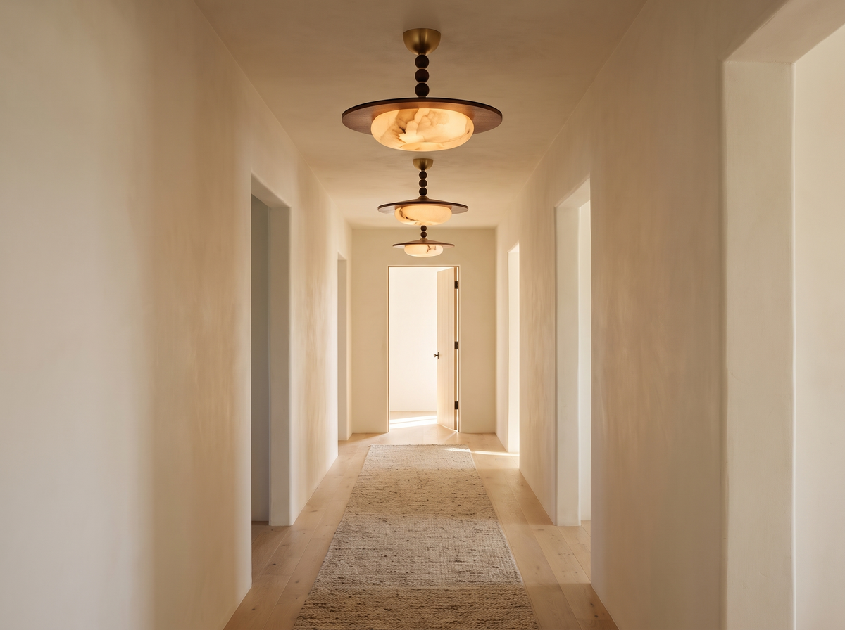 Three alabaster and walnut semi-flush ceiling lights in a row along a hallway ceiling