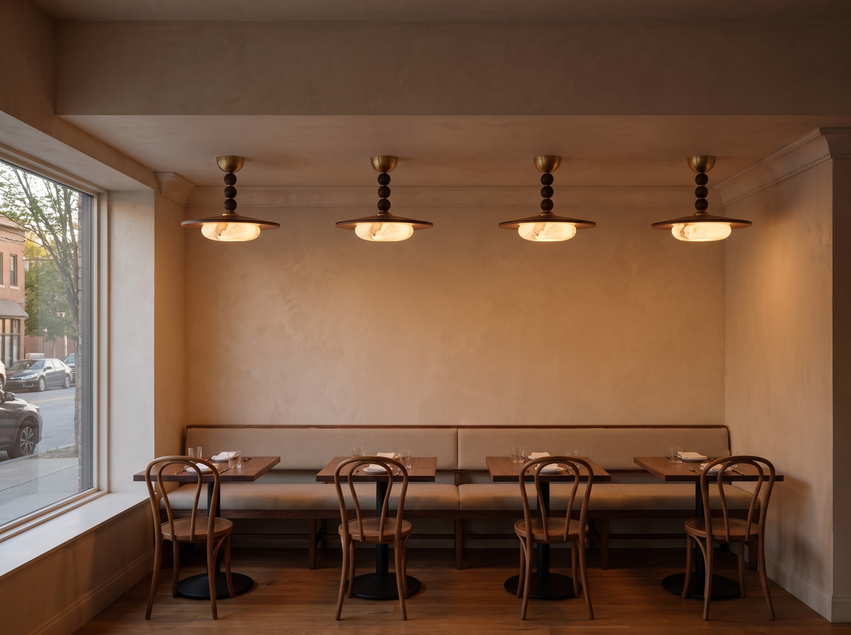 Four alabaster and walnut semi-flush ceiling lights in a row above restaurant tables