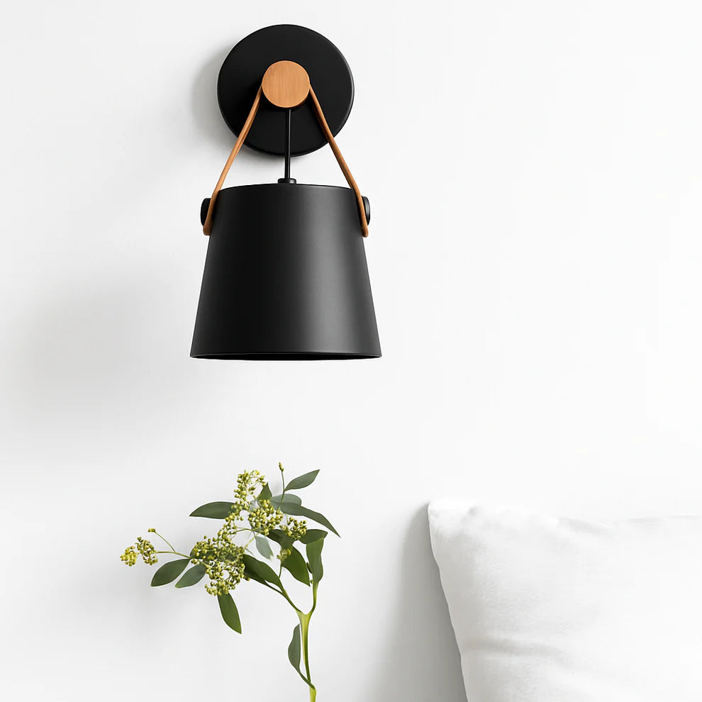 WoodStrap LED Wall Sconce | Black & White, Wood Arm | Qonforta