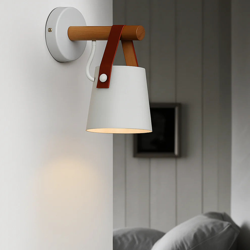 WoodStrap LED Wall Sconce | Black & White, Wood Arm | Qonforta