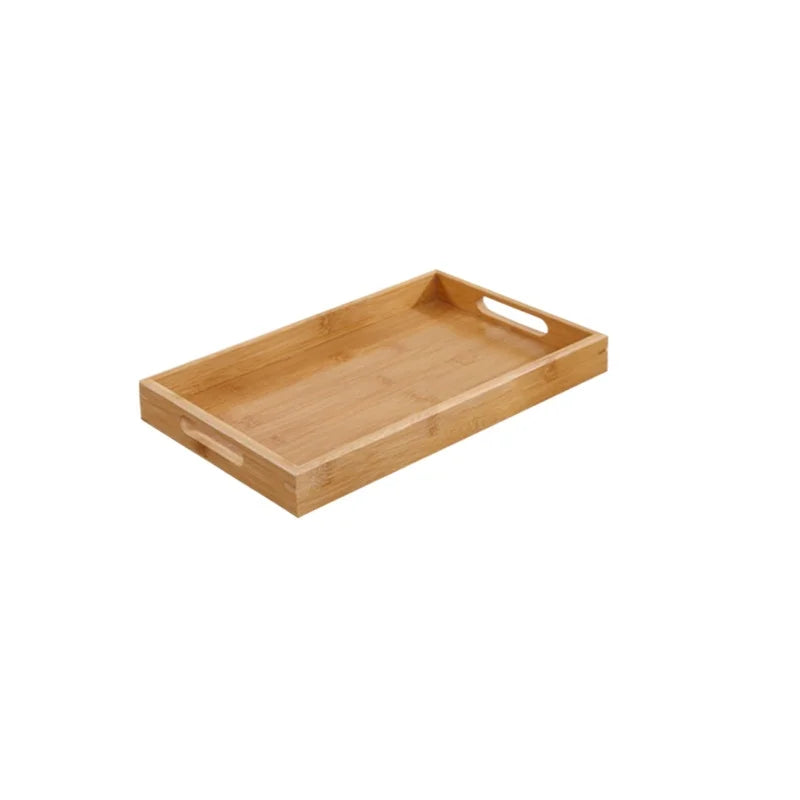 Smallest straight bamboo serving tray with cut out handles on white