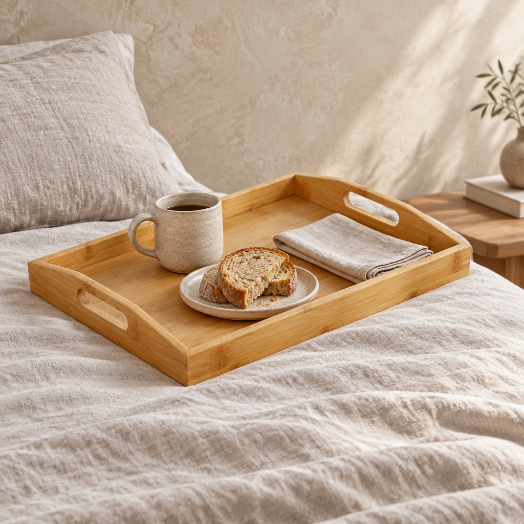 Curved bamboo tray with coffee and toast on a linen covered bed