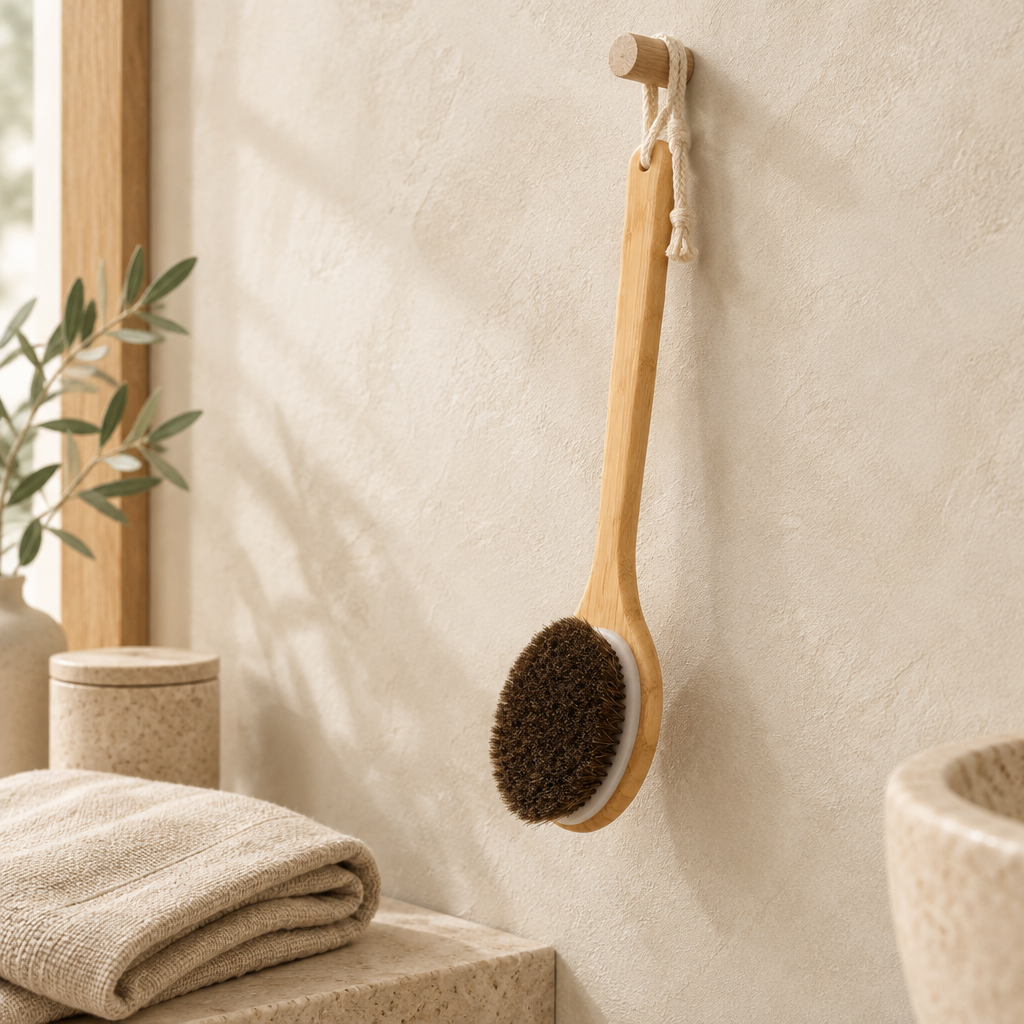 Black horsehair bath brush hanging by its cord loop on a bathroom wall