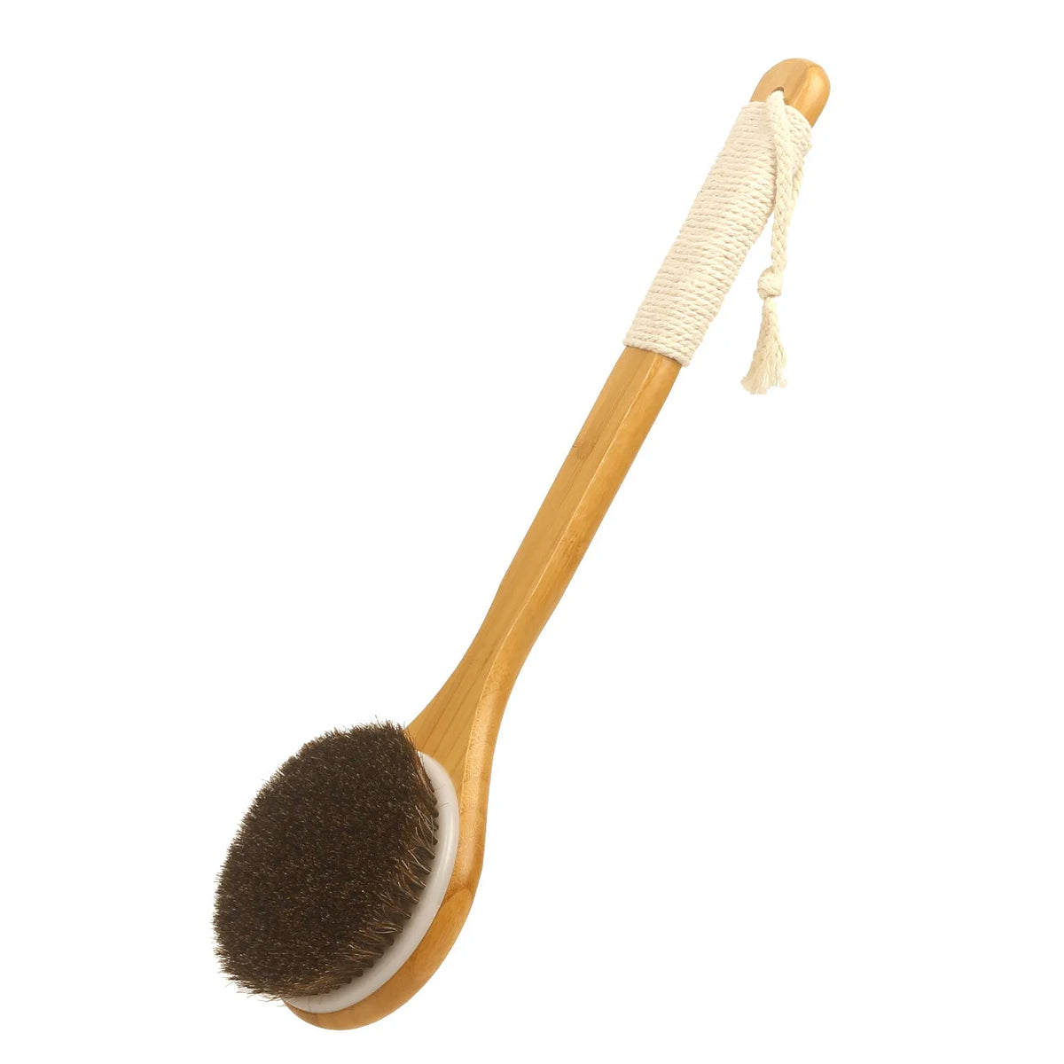 Black horsehair bath brush with a rope wrapped bamboo handle