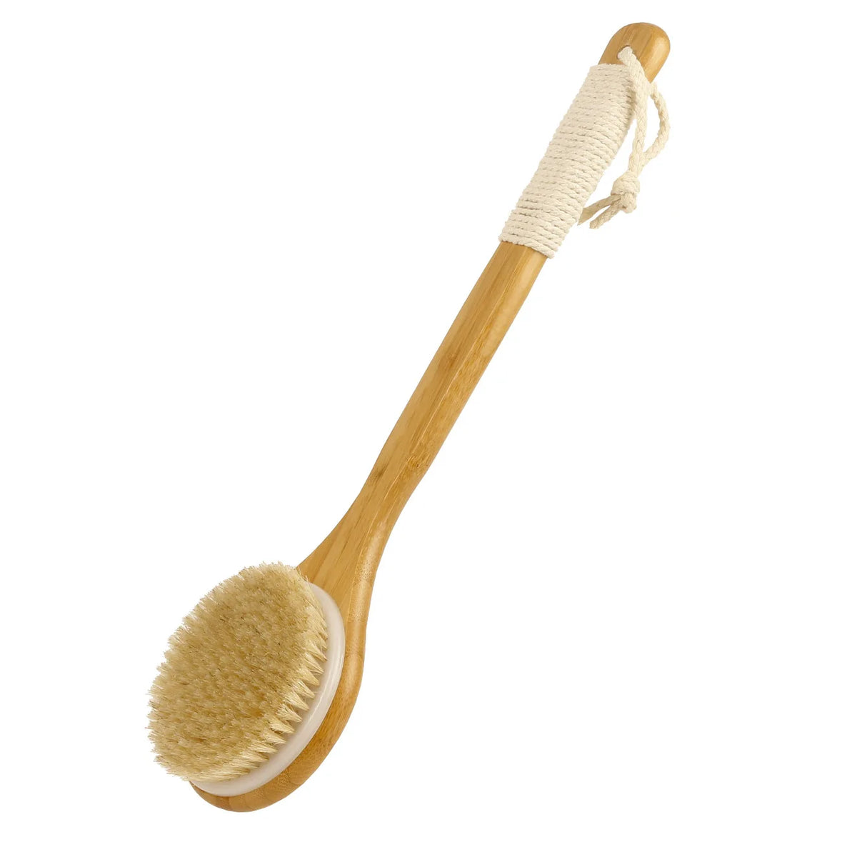 Natural bristle bath brush with a rope wrapped bamboo handle