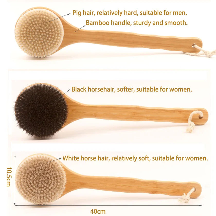 Three bath brush heads compared, pig bristle, black and white horsehair