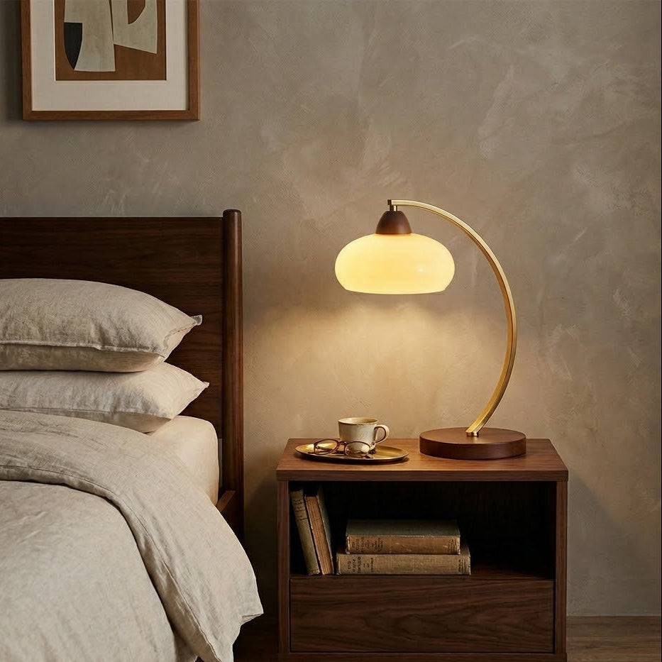 Curved Arm Vintage Table Lamp | Brass Arc, Scalloped Shade & Wood Base | Qonforta