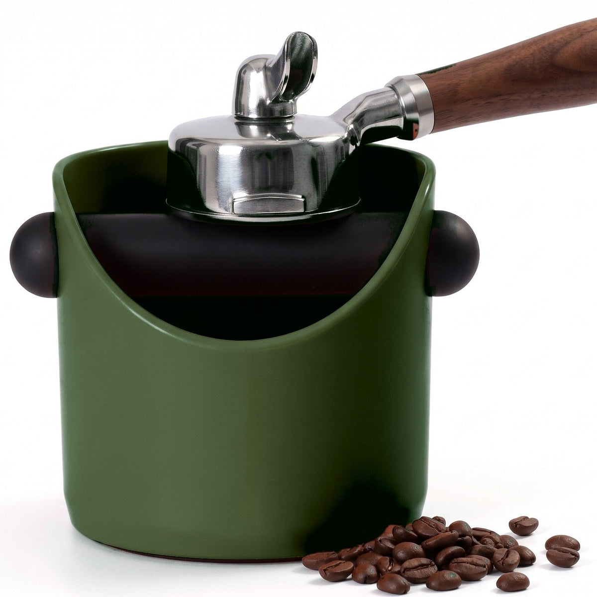 Brew espresso knock box in Olive Green with a portafilter tapping on the knock bar