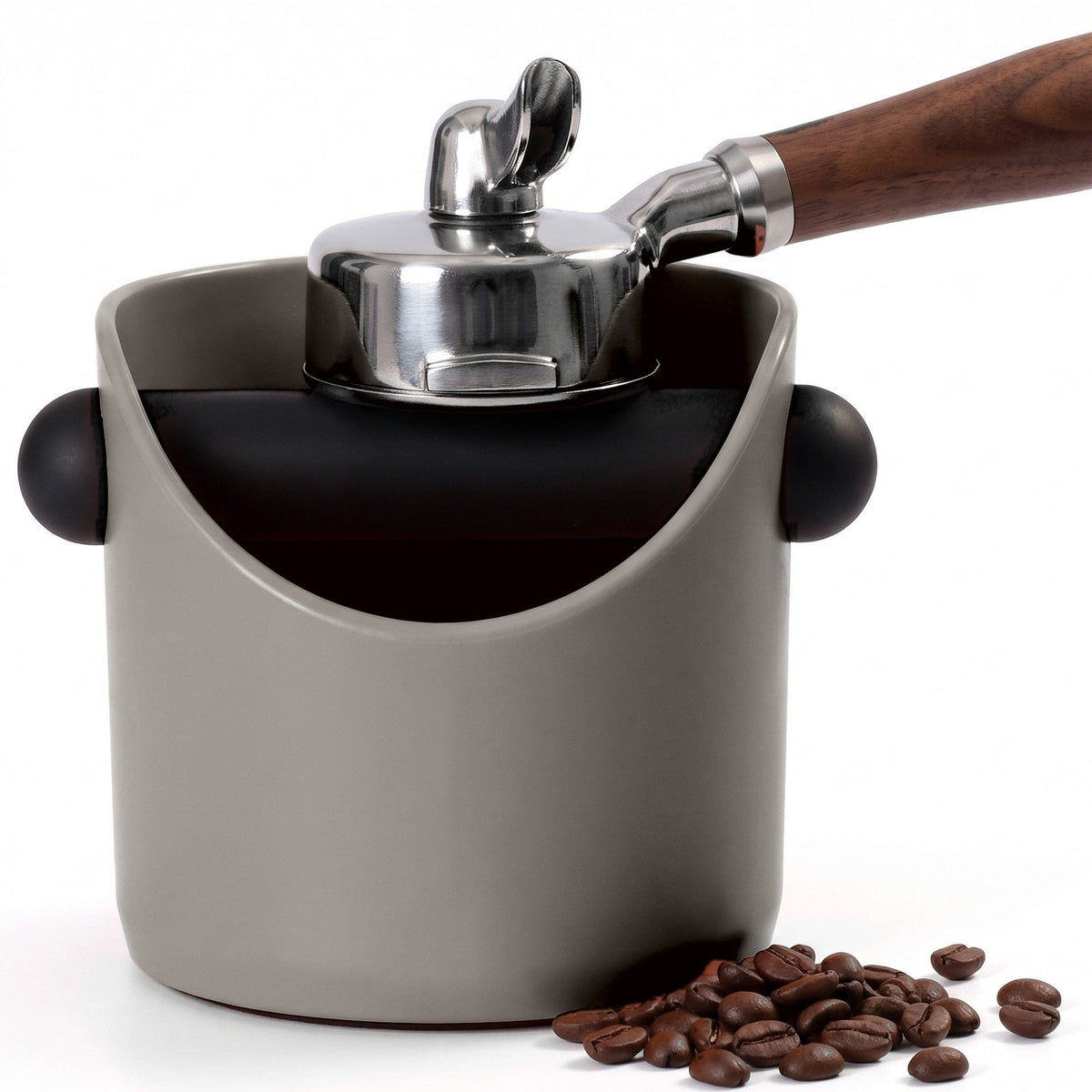 Brew espresso knock box in Stone Gray with a portafilter tapping on the knock bar