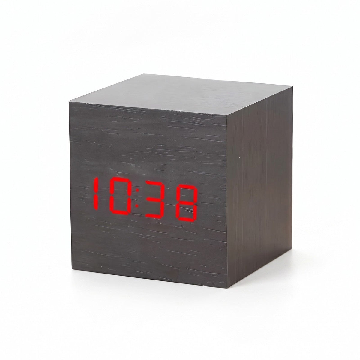 Cube LED alarm clock in Slate Gray showing the time