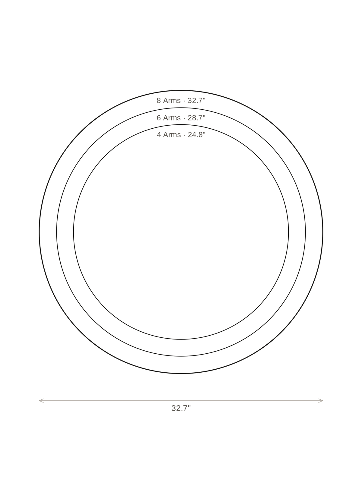 Size comparison drawing of the Ramo Stellare sputnik ceiling light showing 24.8, 28.7 and 32.7 inch diameters