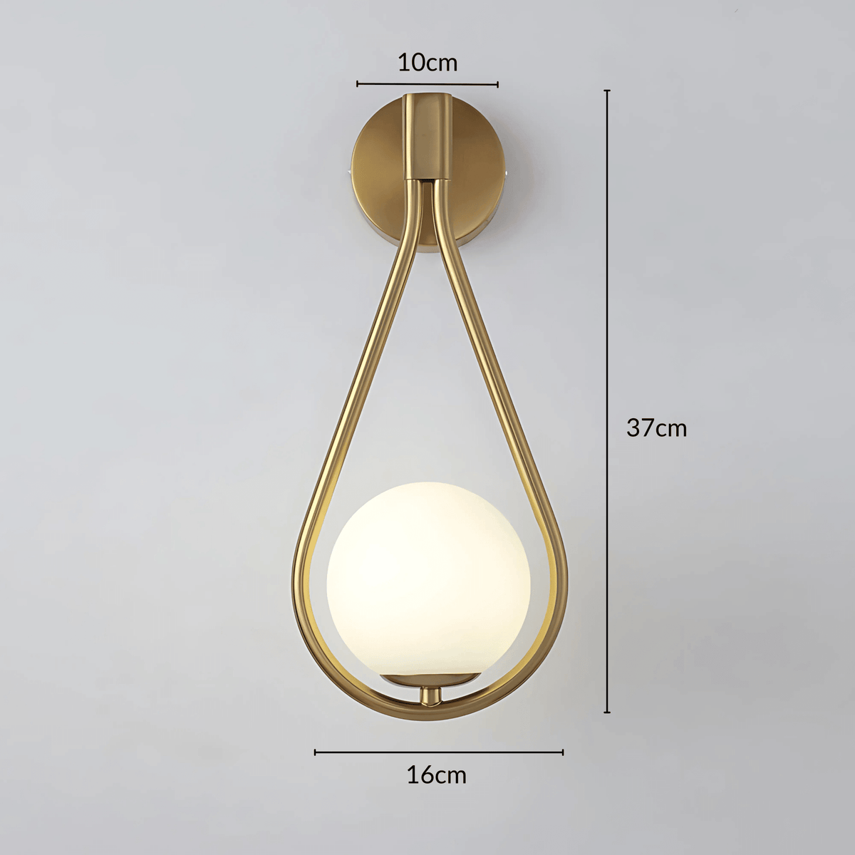 Brass teardrop wall sconce with dimensions, 6.3 in wide and 14.6 in tall