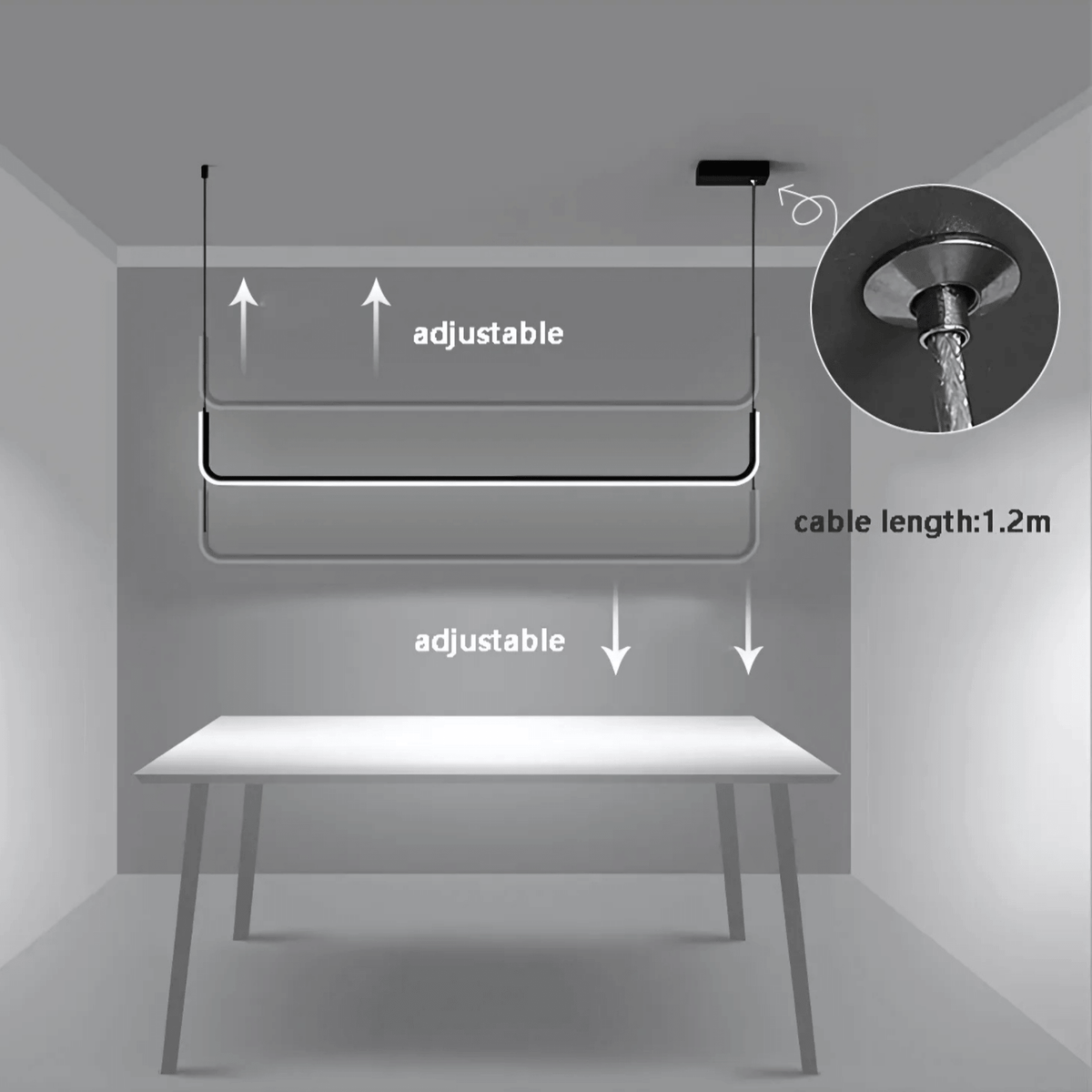 Dumont linear pendant light with adjustable cable height shown over a table