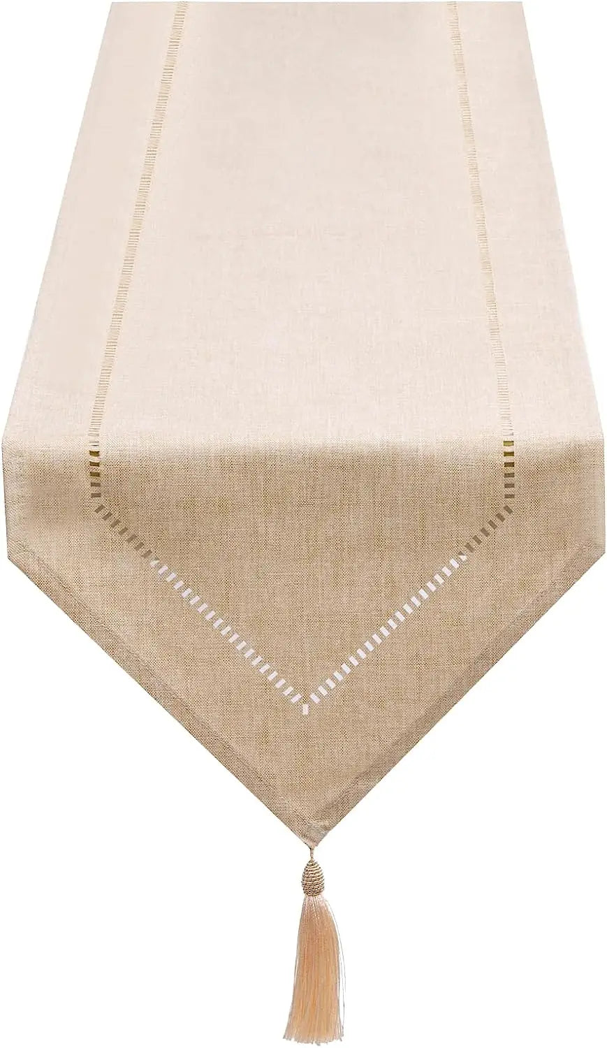 Oatmeal hemstitched table runner with a pointed end and tassel
