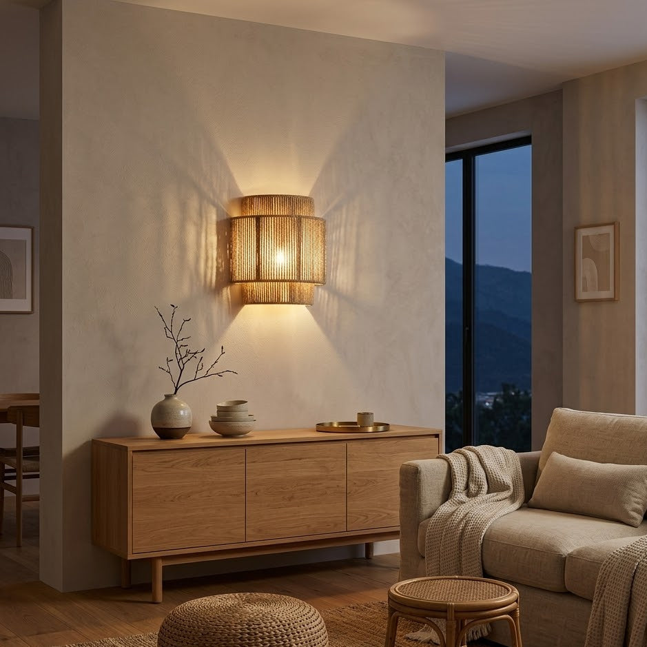 Rattan Rope Wall Sconce | Japandi Boho | E27 LED | Qonforta