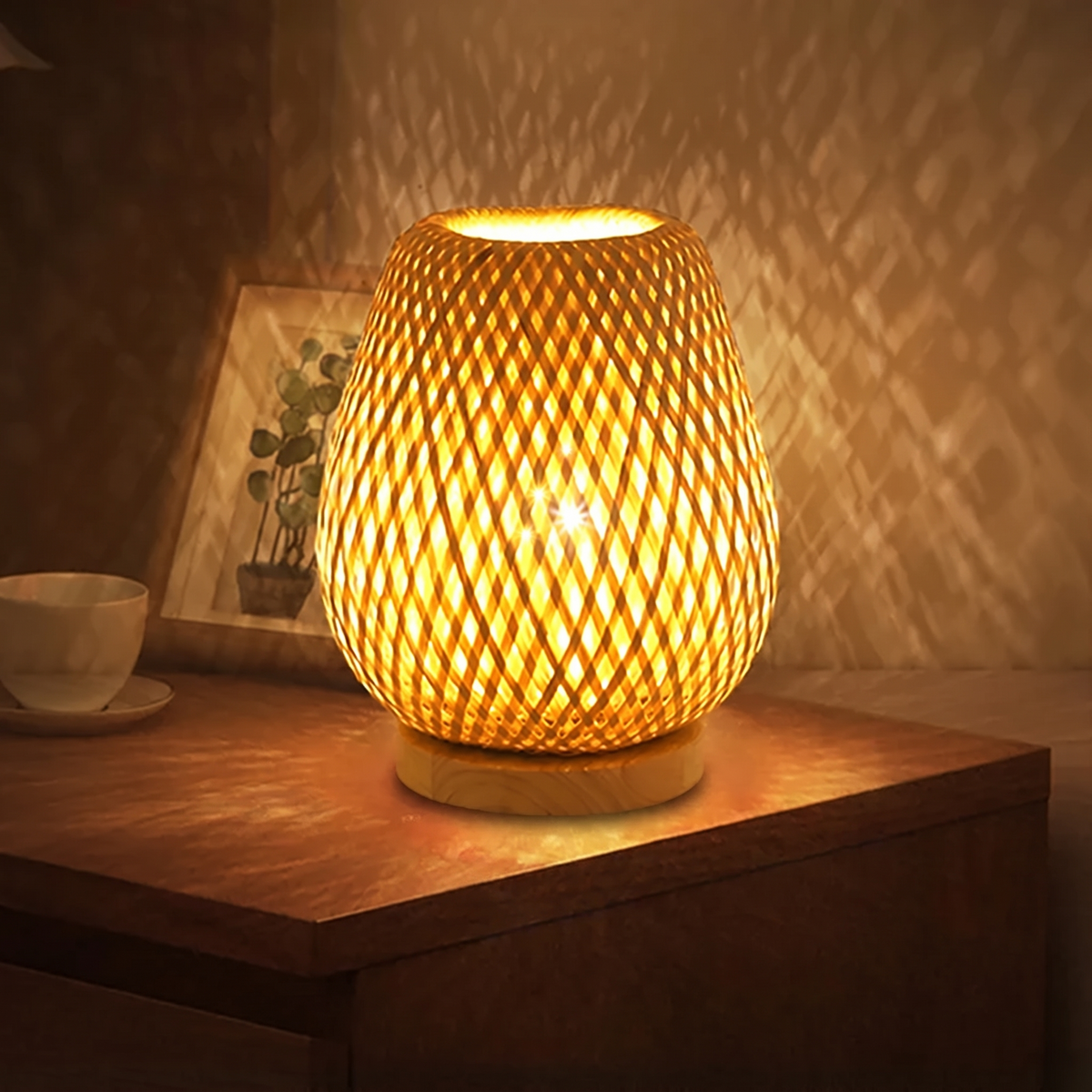 Lit woven bamboo dome lamp casting a lattice pattern on the wall