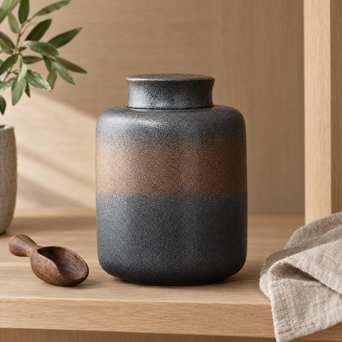 Iron glaze ceramic storage jar with a wooden tea scoop beside it