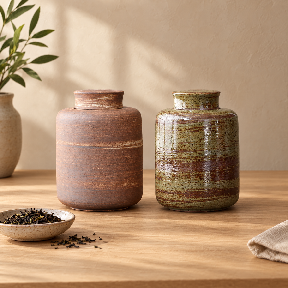 Pale clay and moss glaze ceramic jars with a dish of loose tea