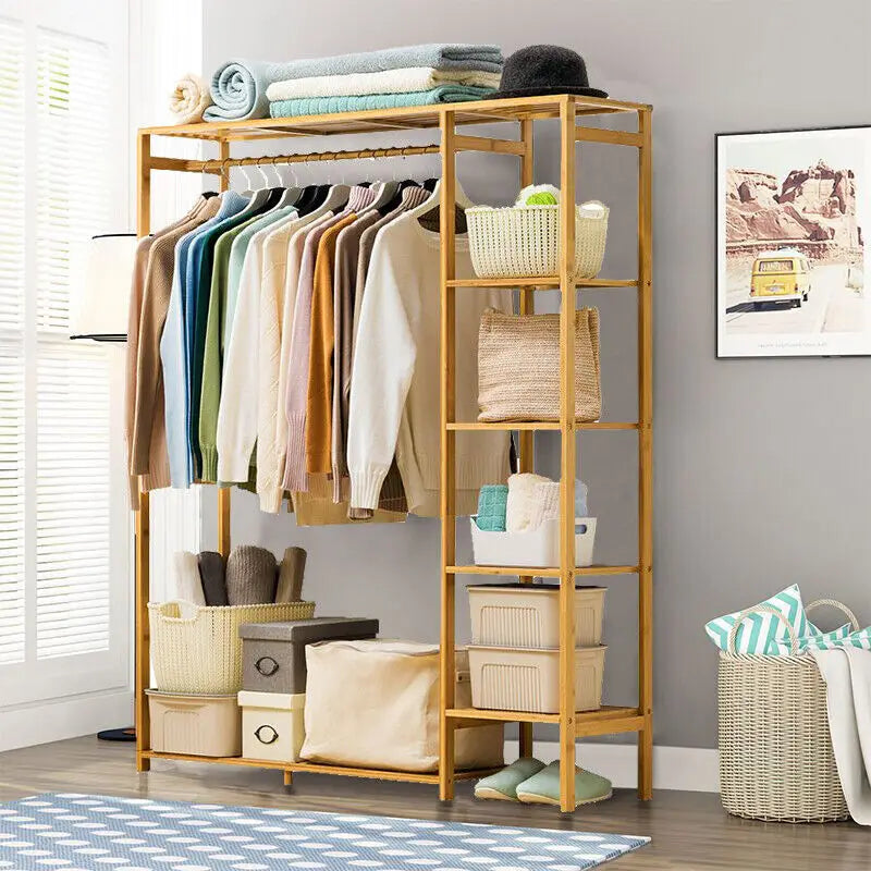Bamboo open wardrobe with clothes and storage boxes in a bright room