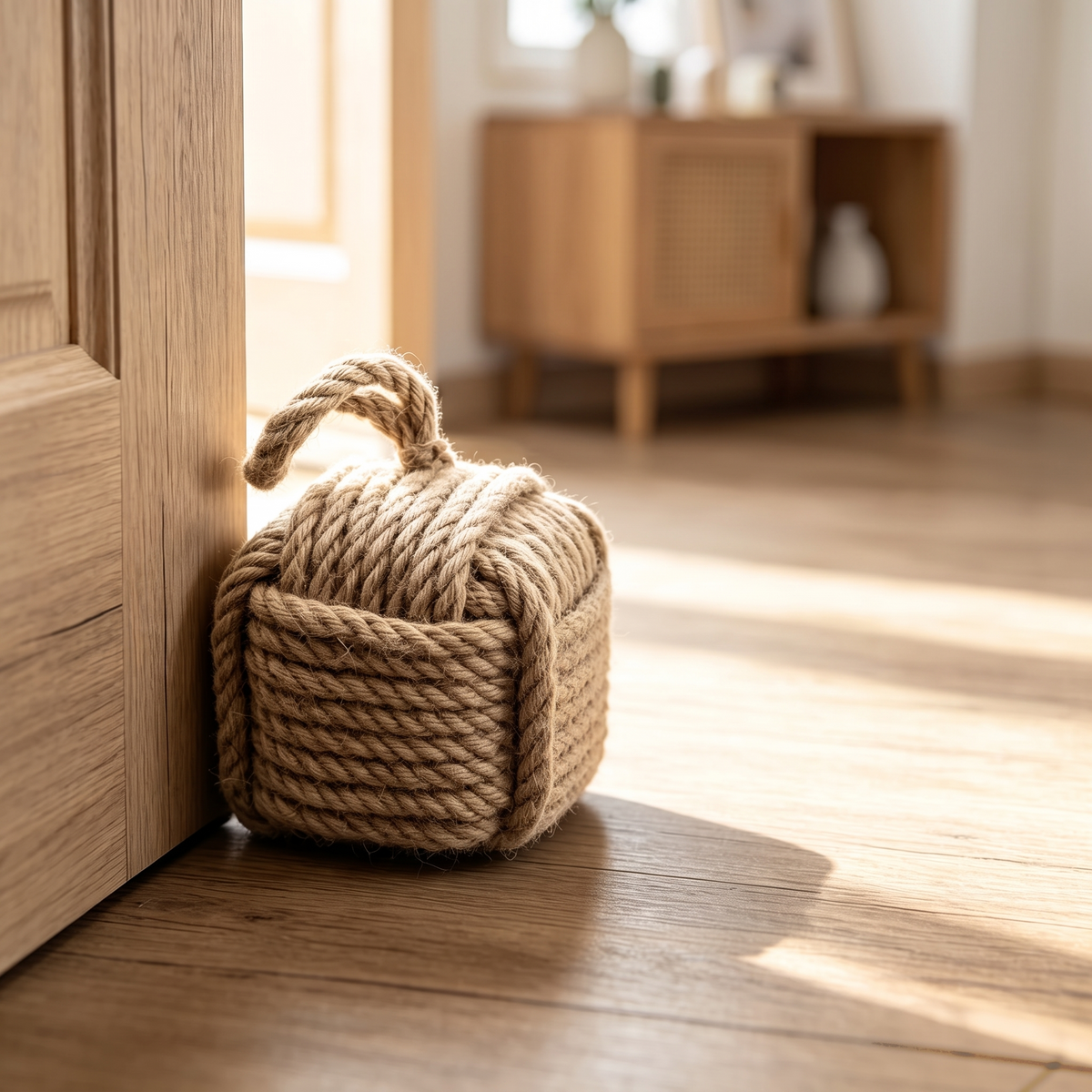 Brown rope cube door stop holding open a wooden door in a sunny hallway