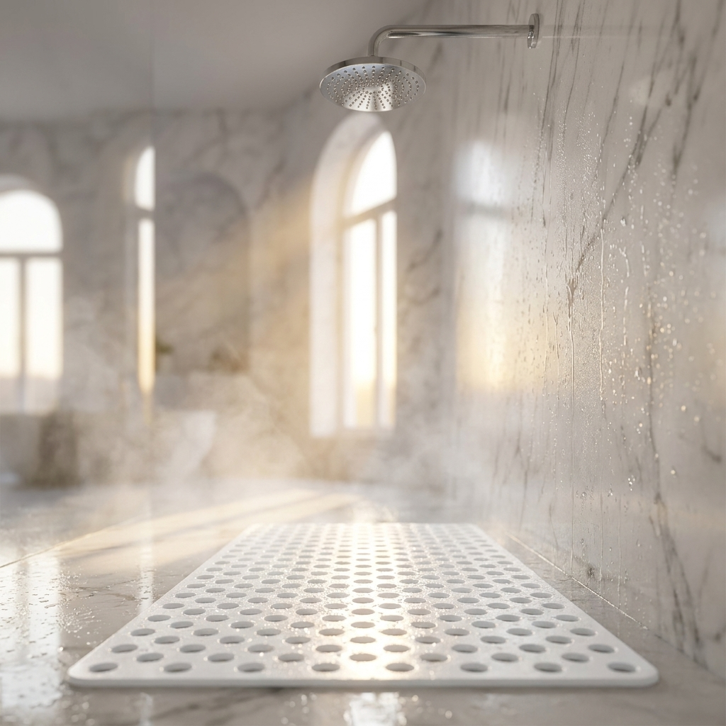 Acquasicura white non-slip shower mat in a marble shower