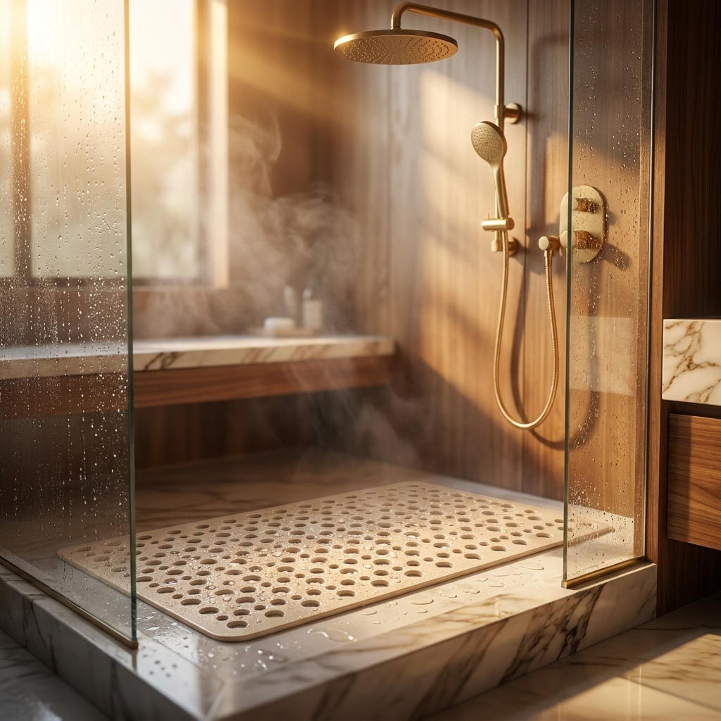 Acquasicura beige shower mat in a glass walk-in shower