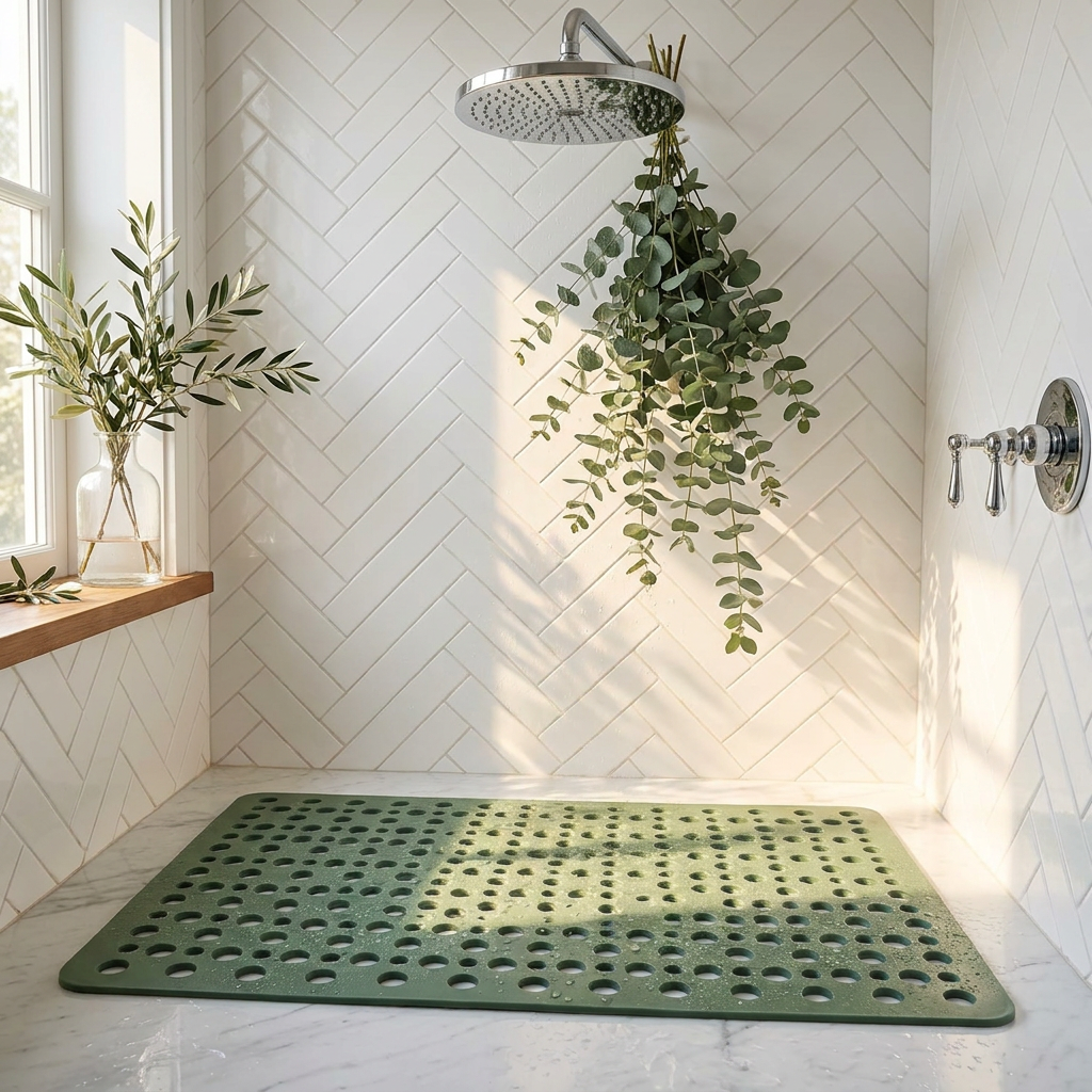 Acquasicura green non-slip shower mat on a white tiled floor