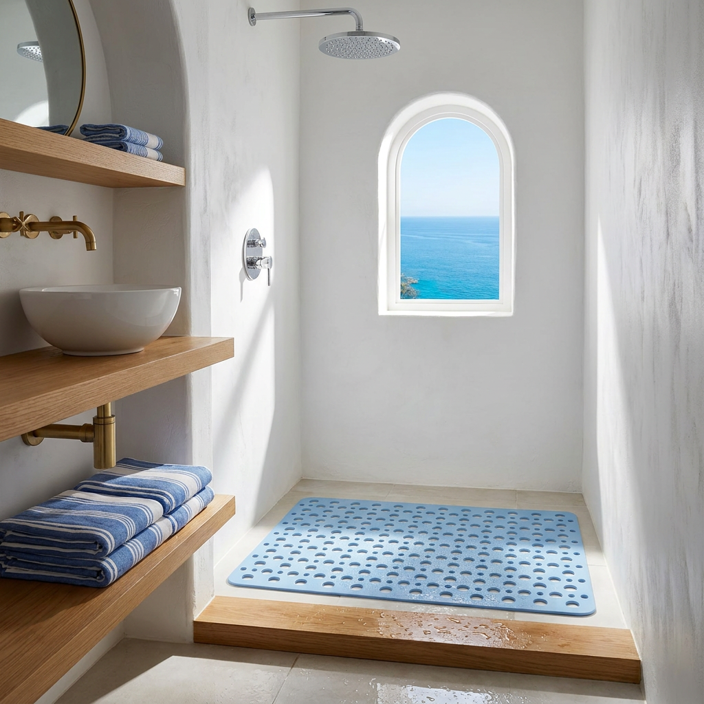 Acquasicura blue non-slip shower mat in a white shower