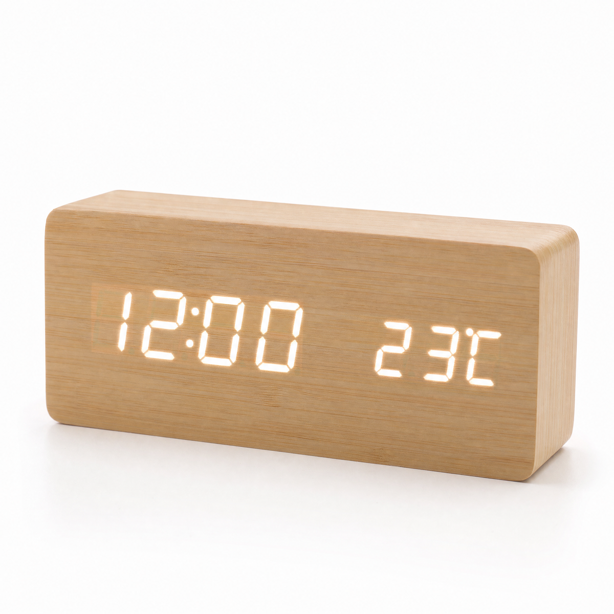 Tempo wooden LED alarm clock in bamboo on a white background