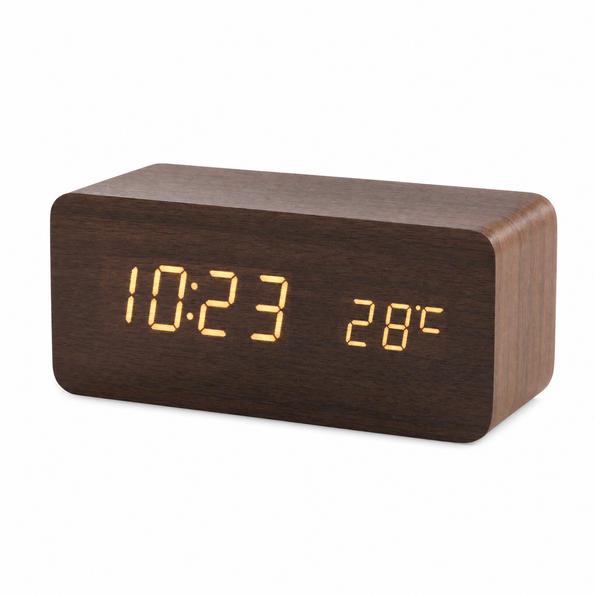 Tempo wooden LED alarm clock in brown showing time and temperature