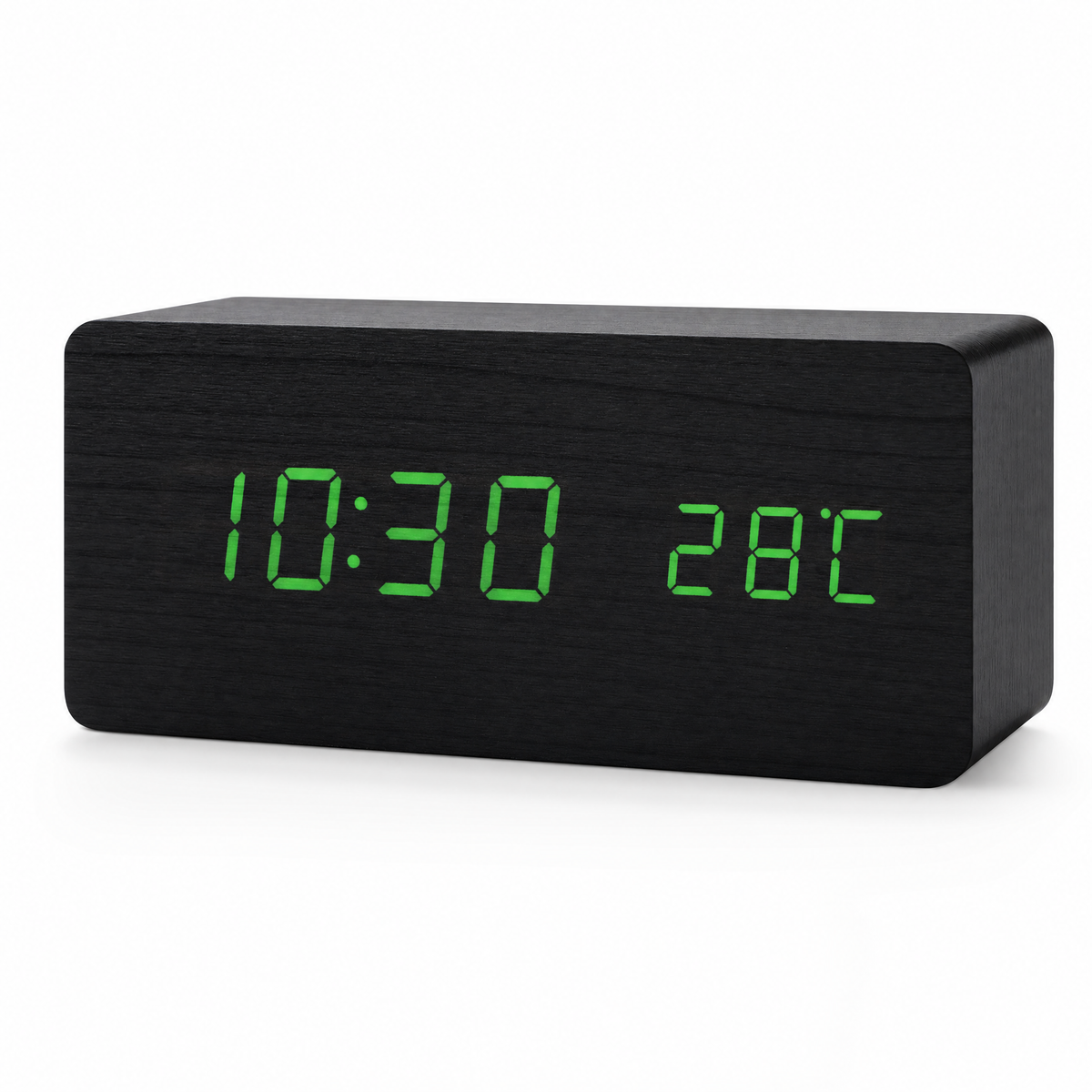 Tempo wooden LED alarm clock in black with green digits