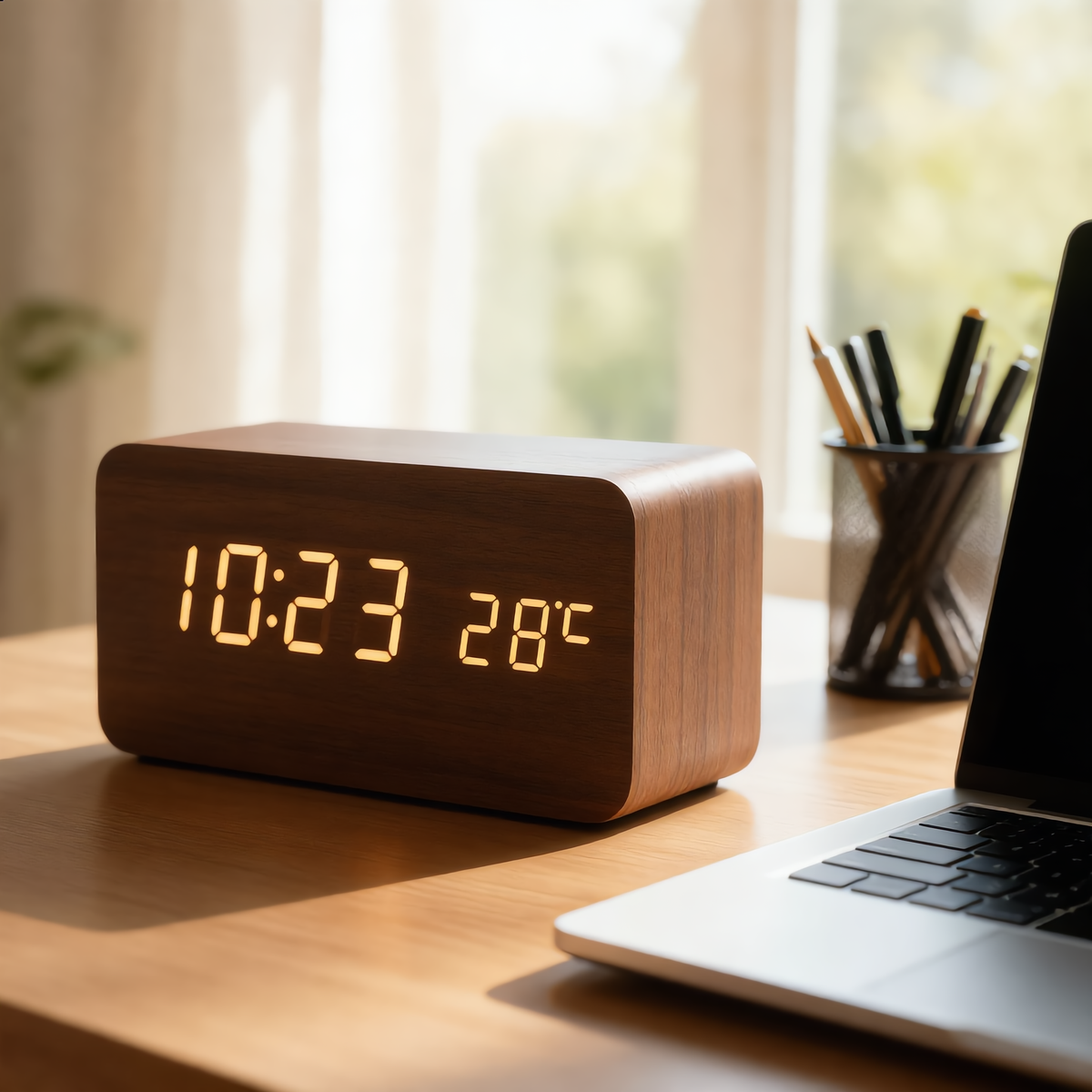 Tempo wooden LED alarm clock in brown on a desk beside a laptop
