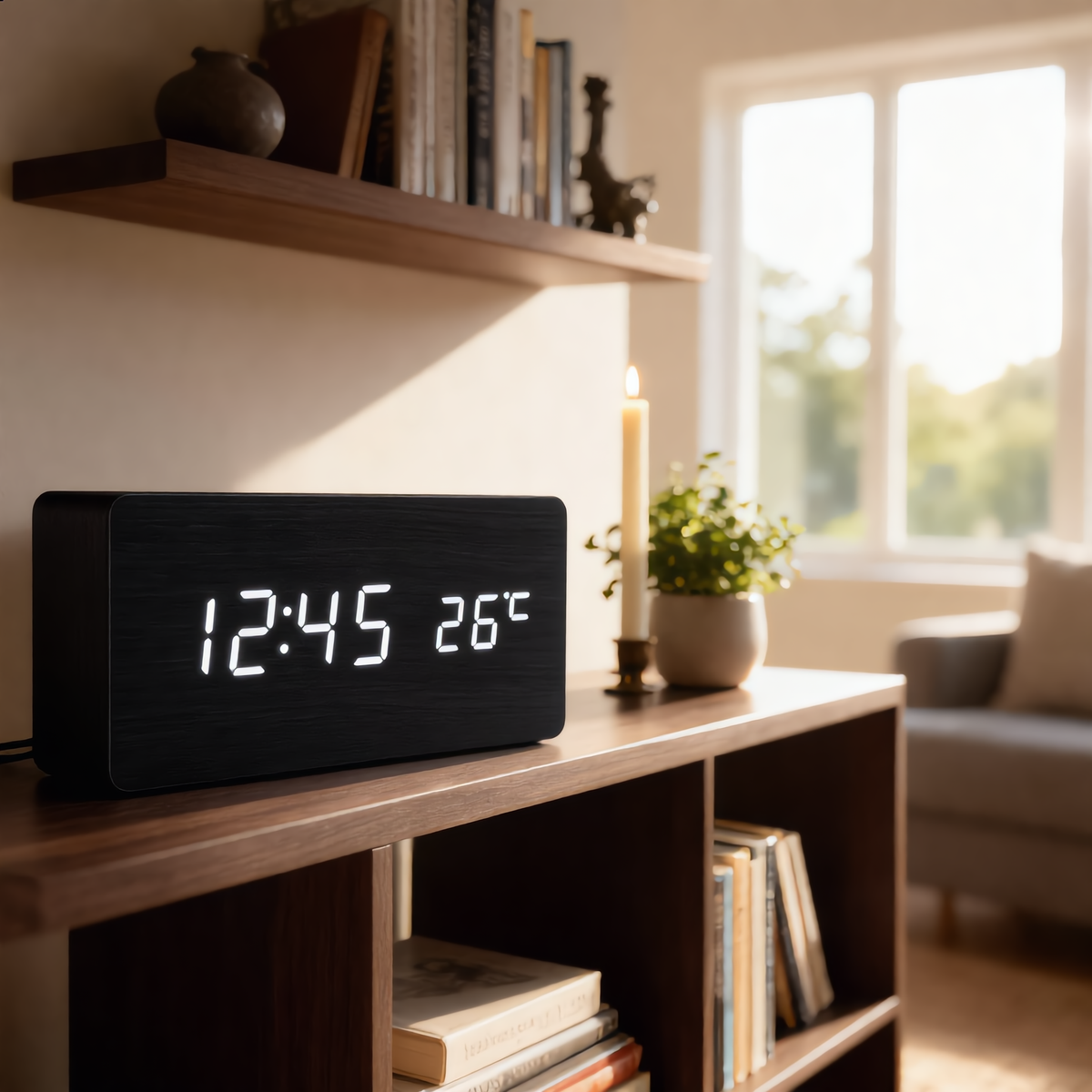 Tempo wooden LED alarm clock in black on a living room shelf