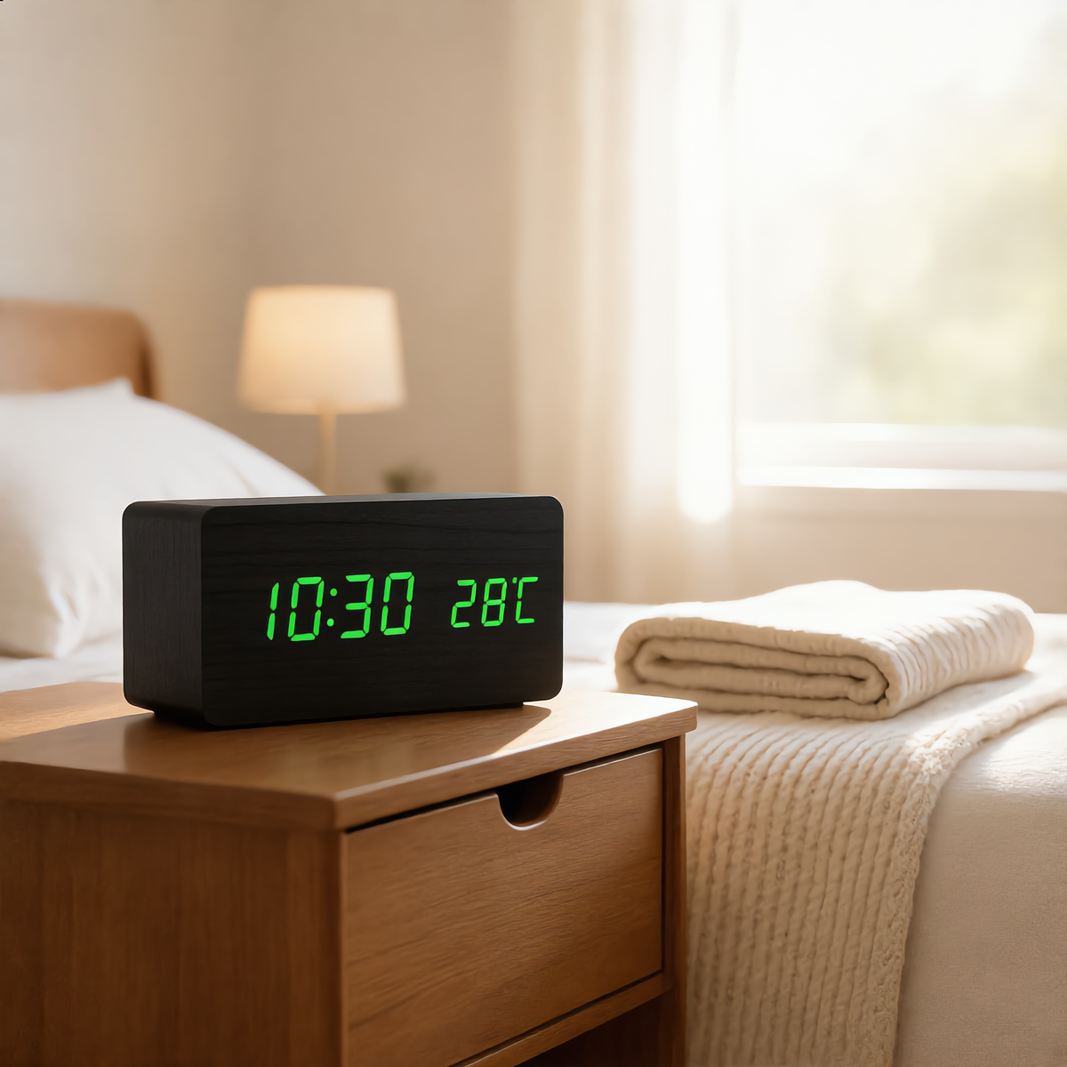 Tempo wooden LED alarm clock with green digits on a bedside table
