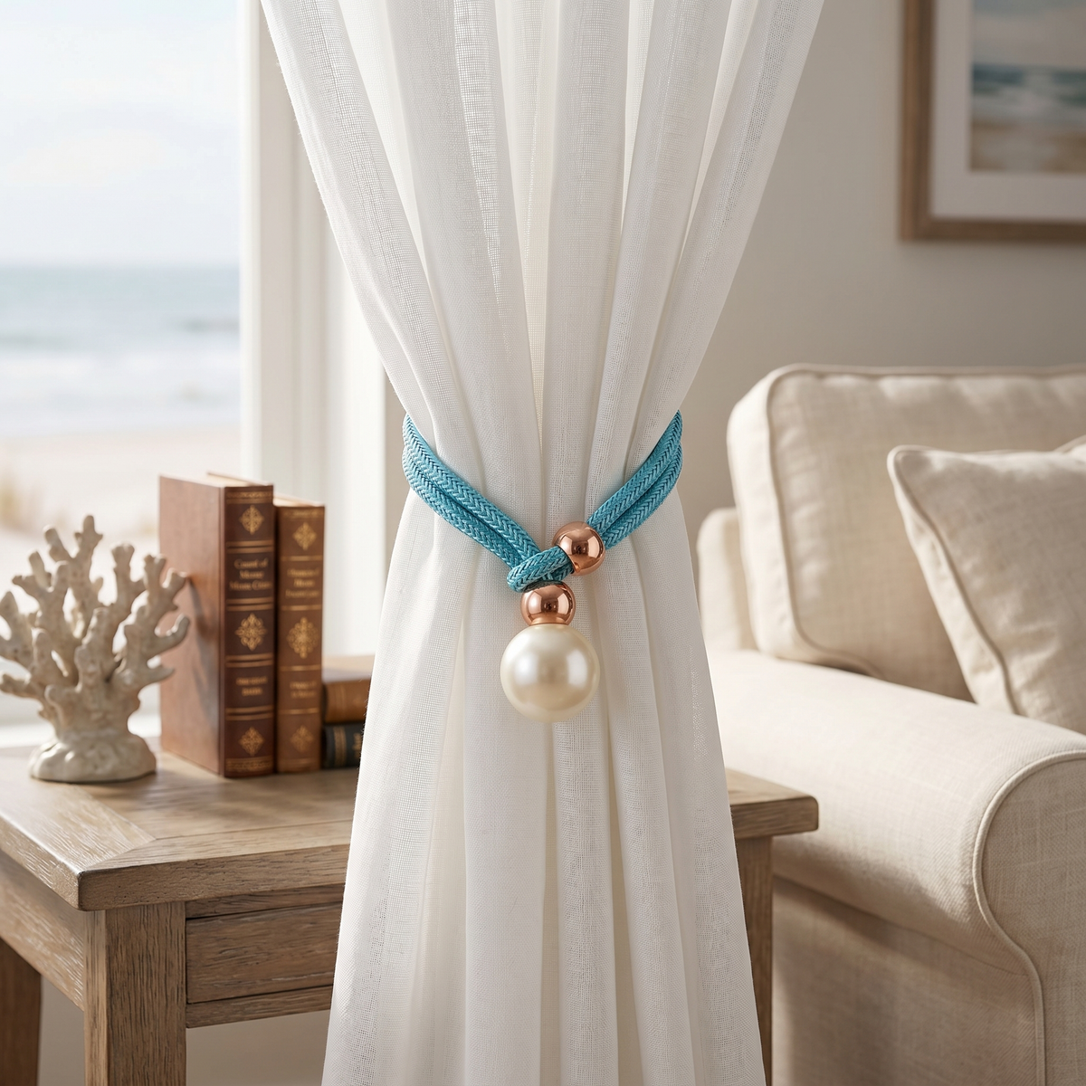 Perlina curtain tieback in ocean blue on a sheer white curtain
