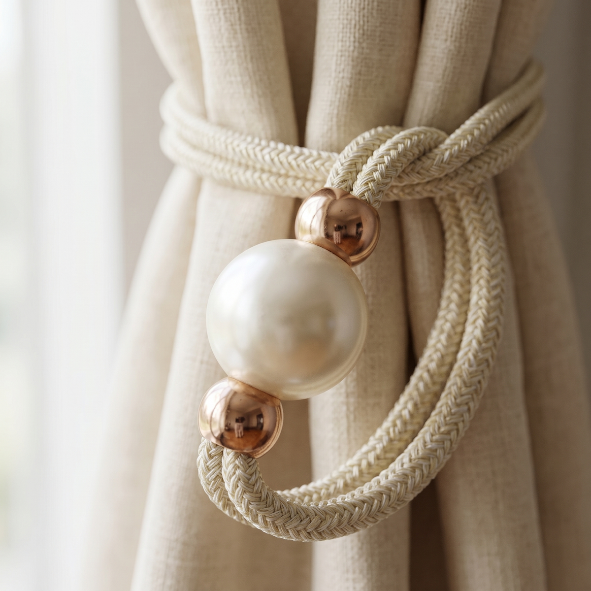 Close up of the Perlina faux pearl tieback with rose gold tone beads