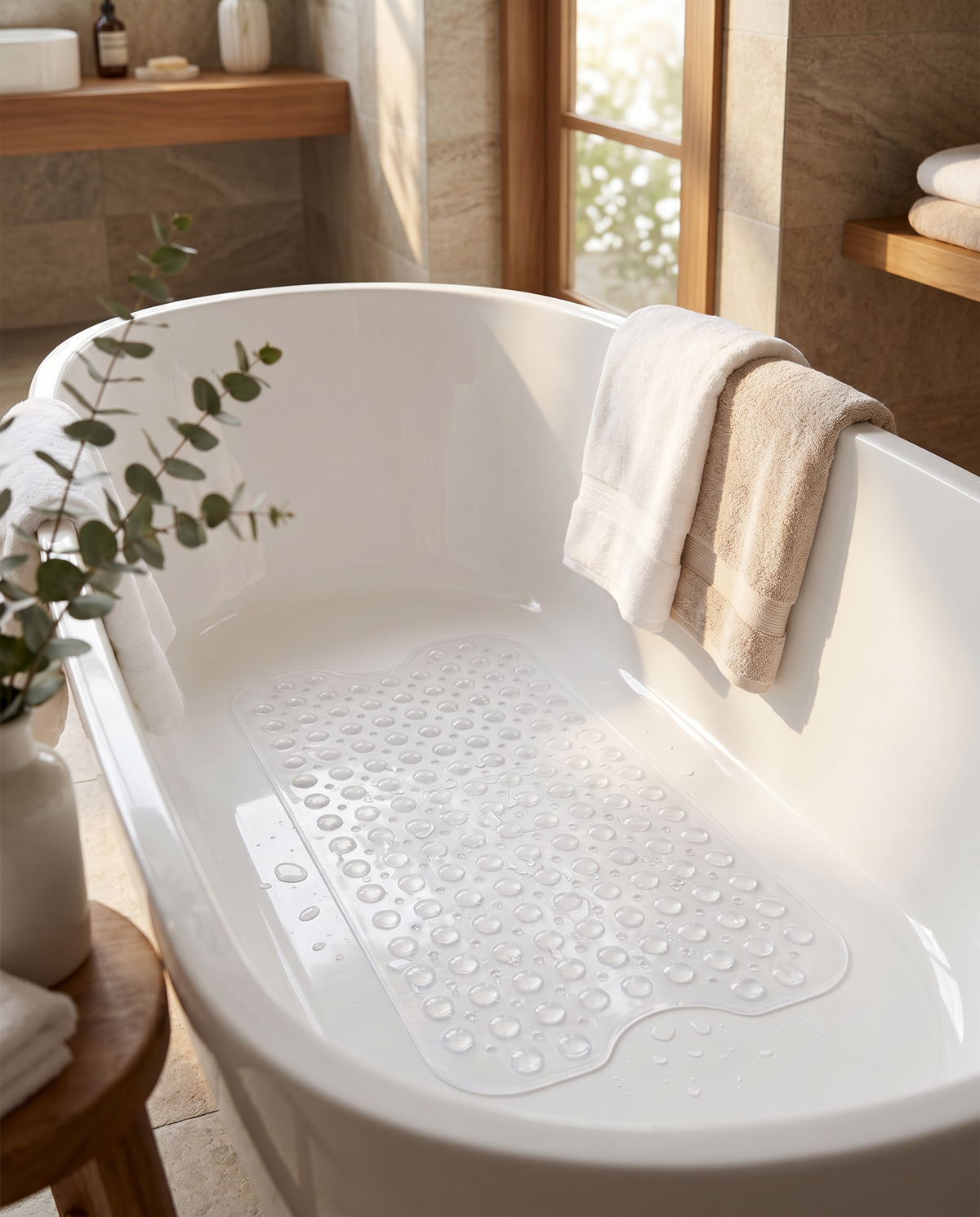 Onda Sicura transparent non-slip bath mat in a freestanding tub