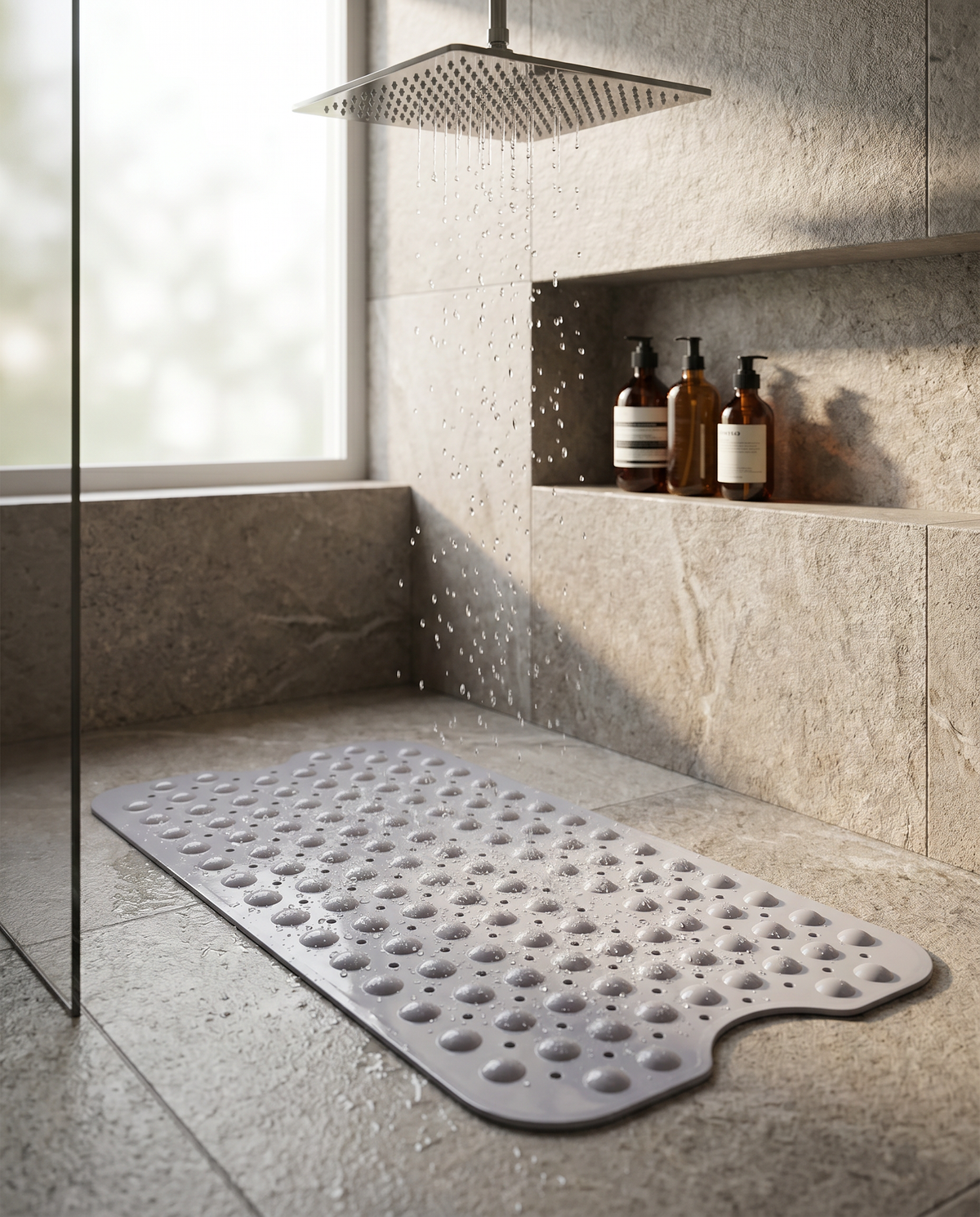 Onda Sicura gray non-slip bath mat on a walk-in shower floor