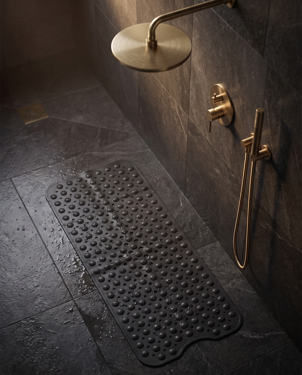 Onda Sicura black non-slip bath mat on a dark stone shower floor