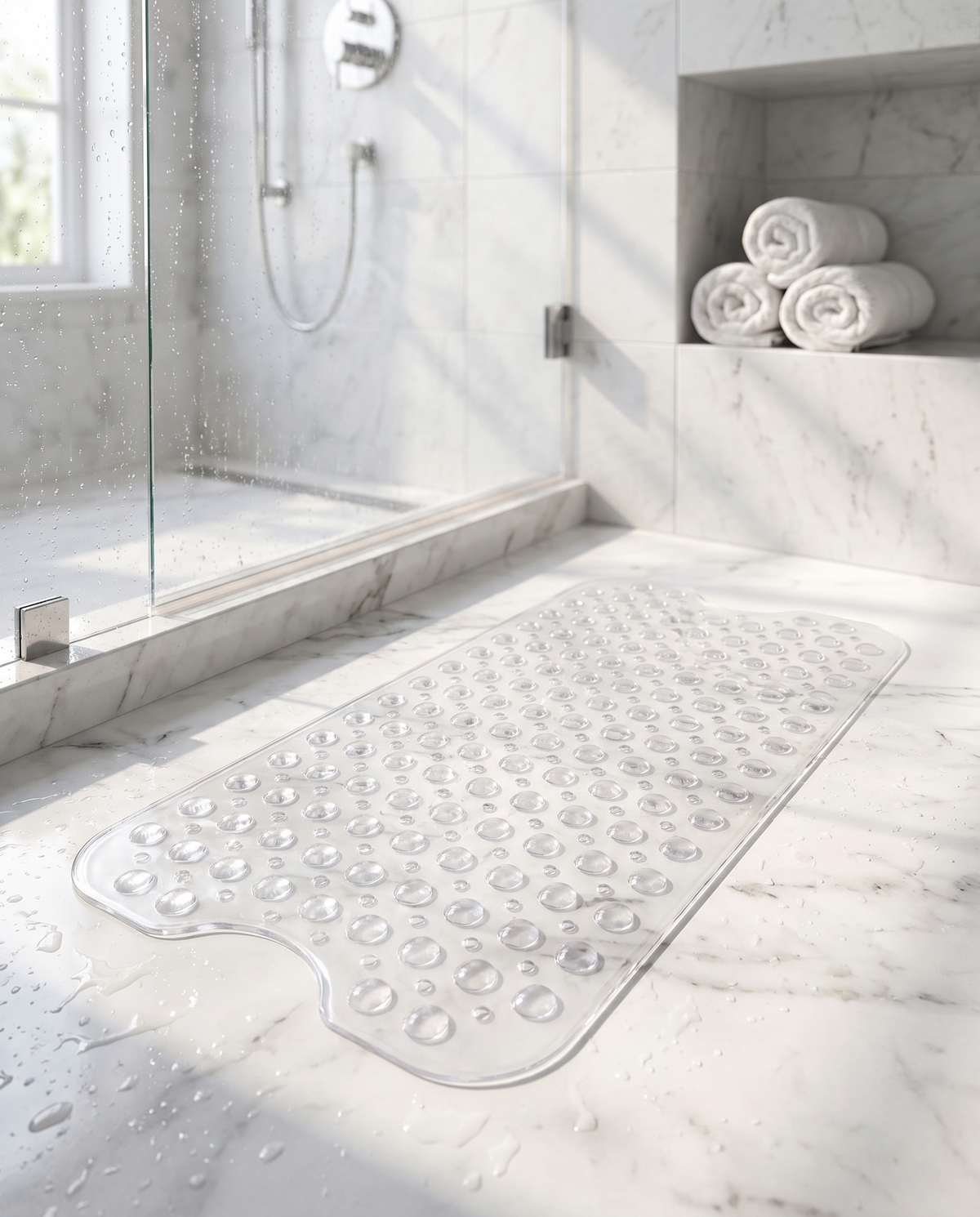 Onda Sicura transparent bath mat on a marble shower floor