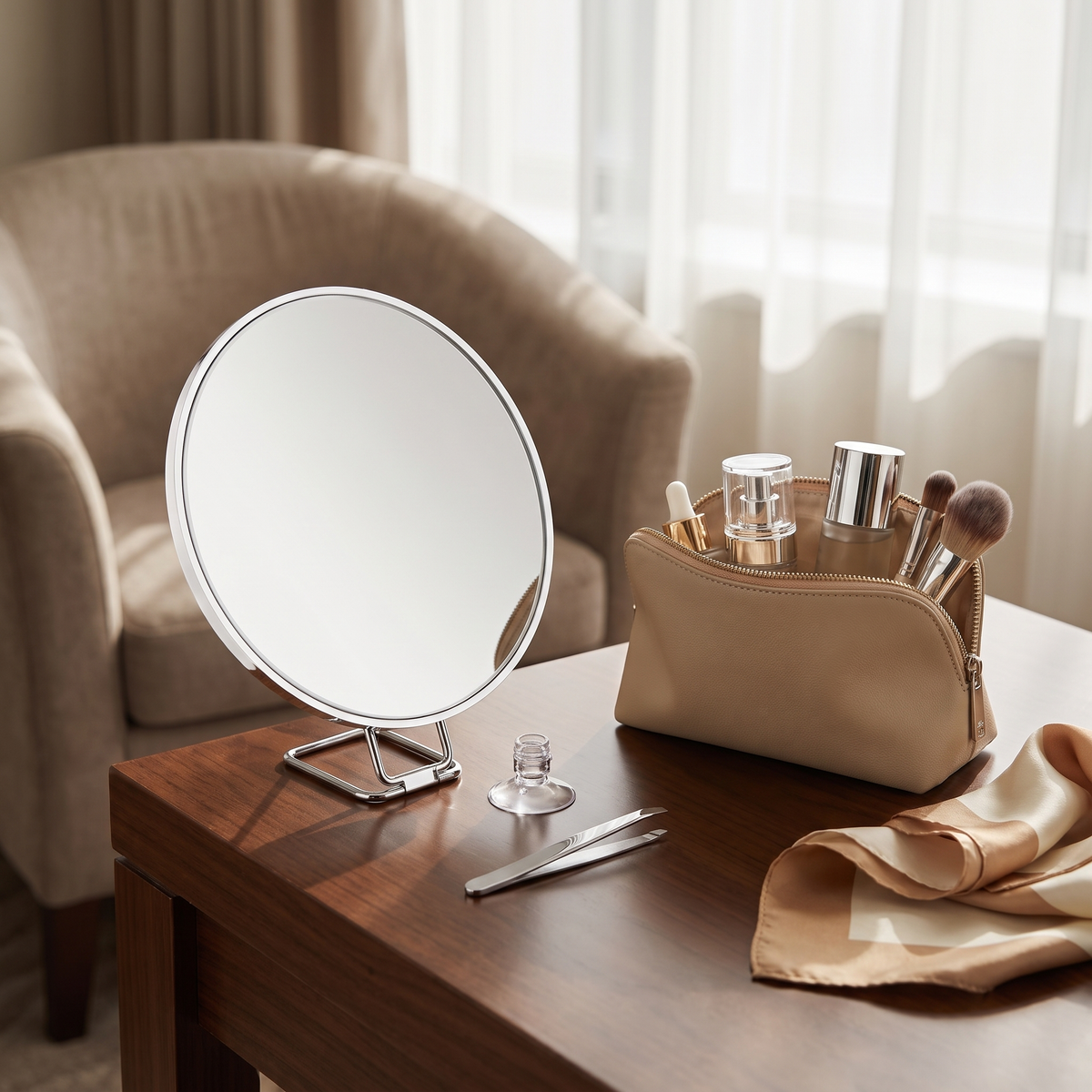 Silver Chiara Vista mirror on a desk next to a makeup bag
