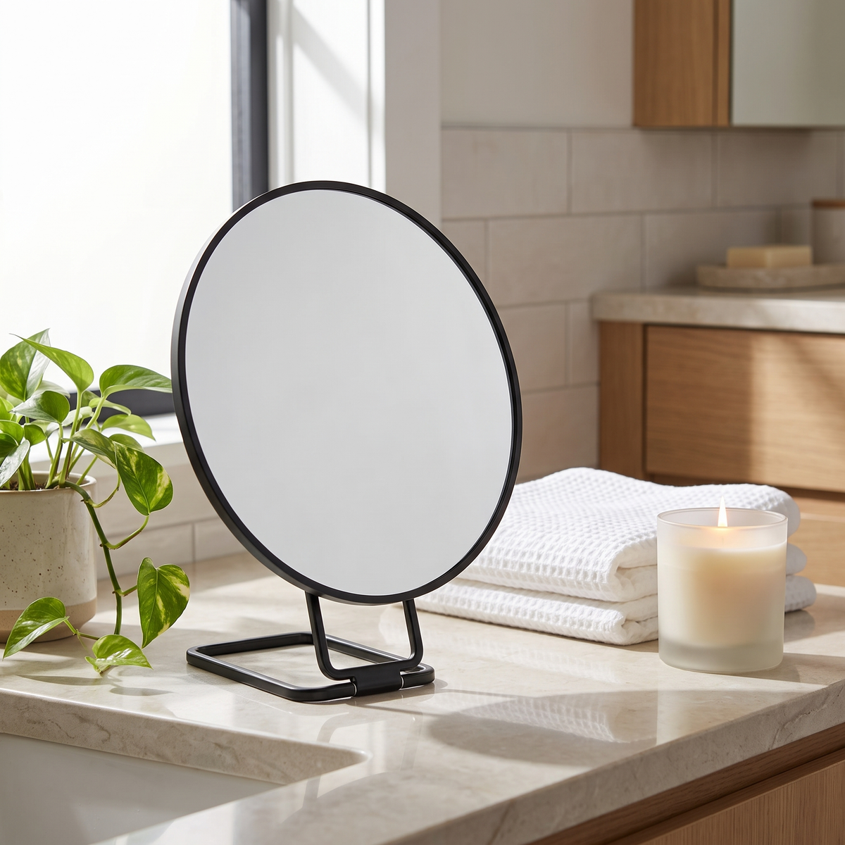 Black Chiara Vista makeup mirror on a bathroom counter
