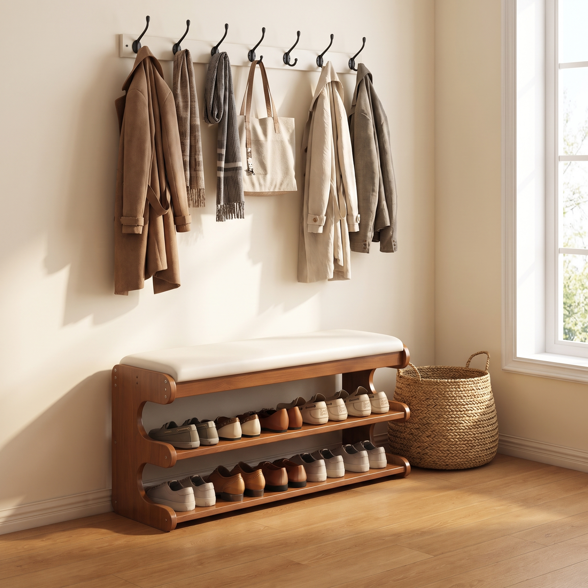 Onda Serena shoe bench below coat hooks in an entryway