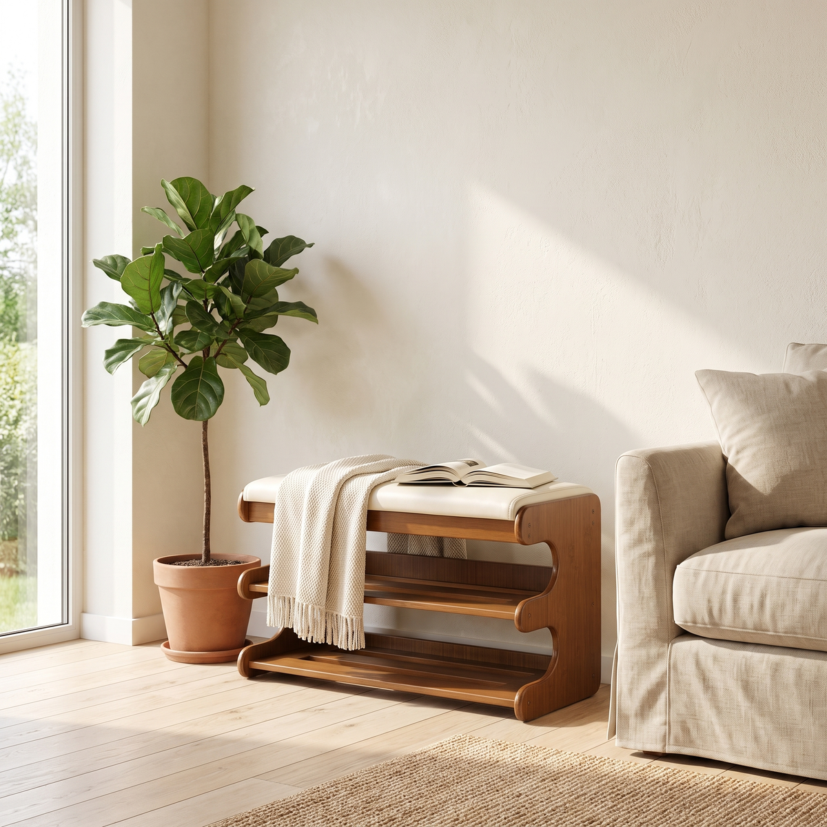 Onda Serena shoe bench next to a sofa in a living room