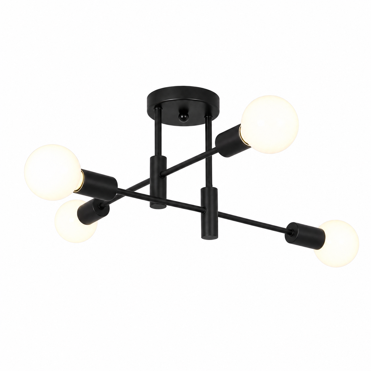 Matte black sputnik ceiling light with four slim arms holding exposed round bulbs