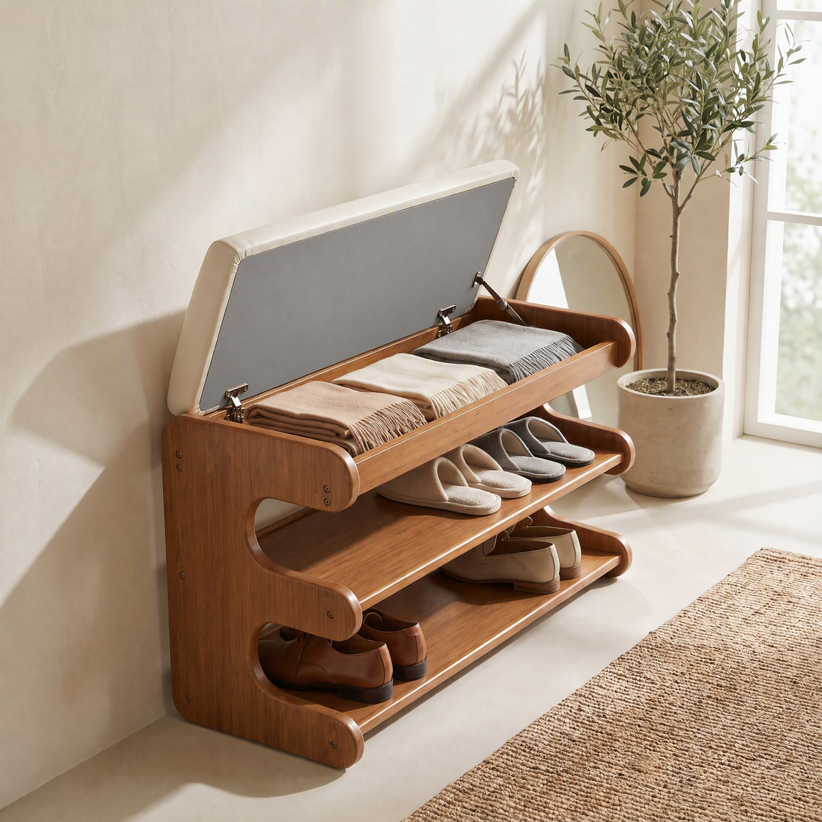 Onda Serena shoe bench shown with the seat lifted