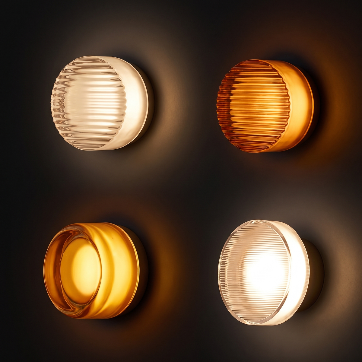 Four Hera LED wall sconces glowing on a dark wall