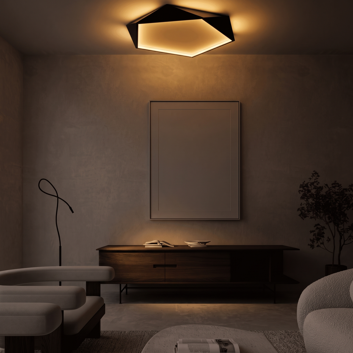 Black Skydor ceiling light glowing in a dim living room